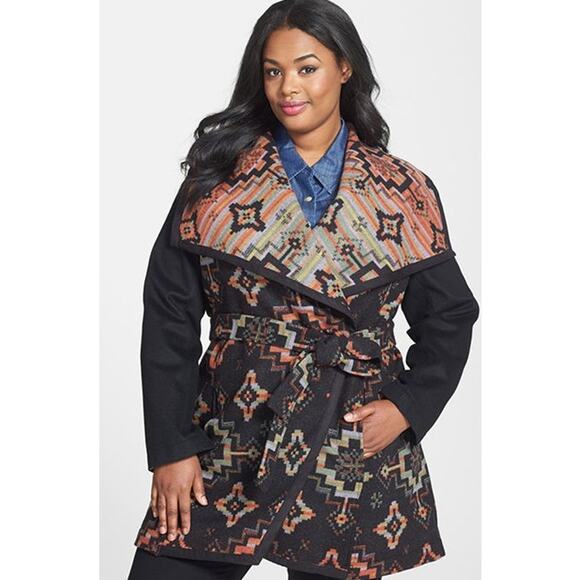 Pendleton Women's 100% Wool Southwestern Striped Black Belted Coat Size Large